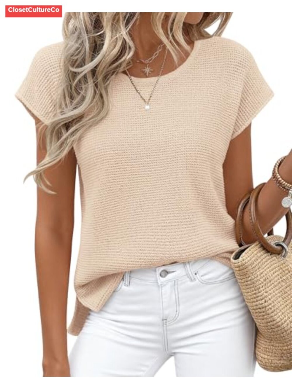 Sweater Vest Cap Sleeve Crew Neck Side Slits Stretch Knit Women's Top